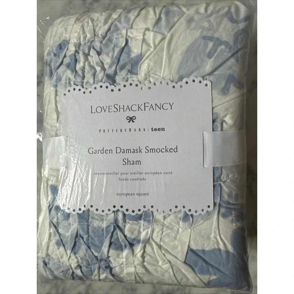 POTTERY BARN TEEN LOVESHACKFANCY GARDEN DAMASK‎ SMOCKED SHAM (1) EURO ~ BLUE